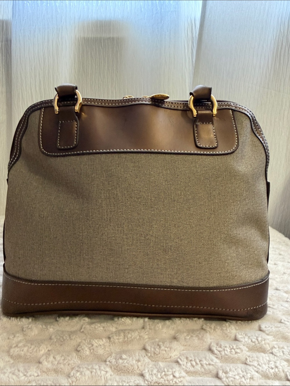 Women's Tan Canvas and Brown Leather Shoulder Bag